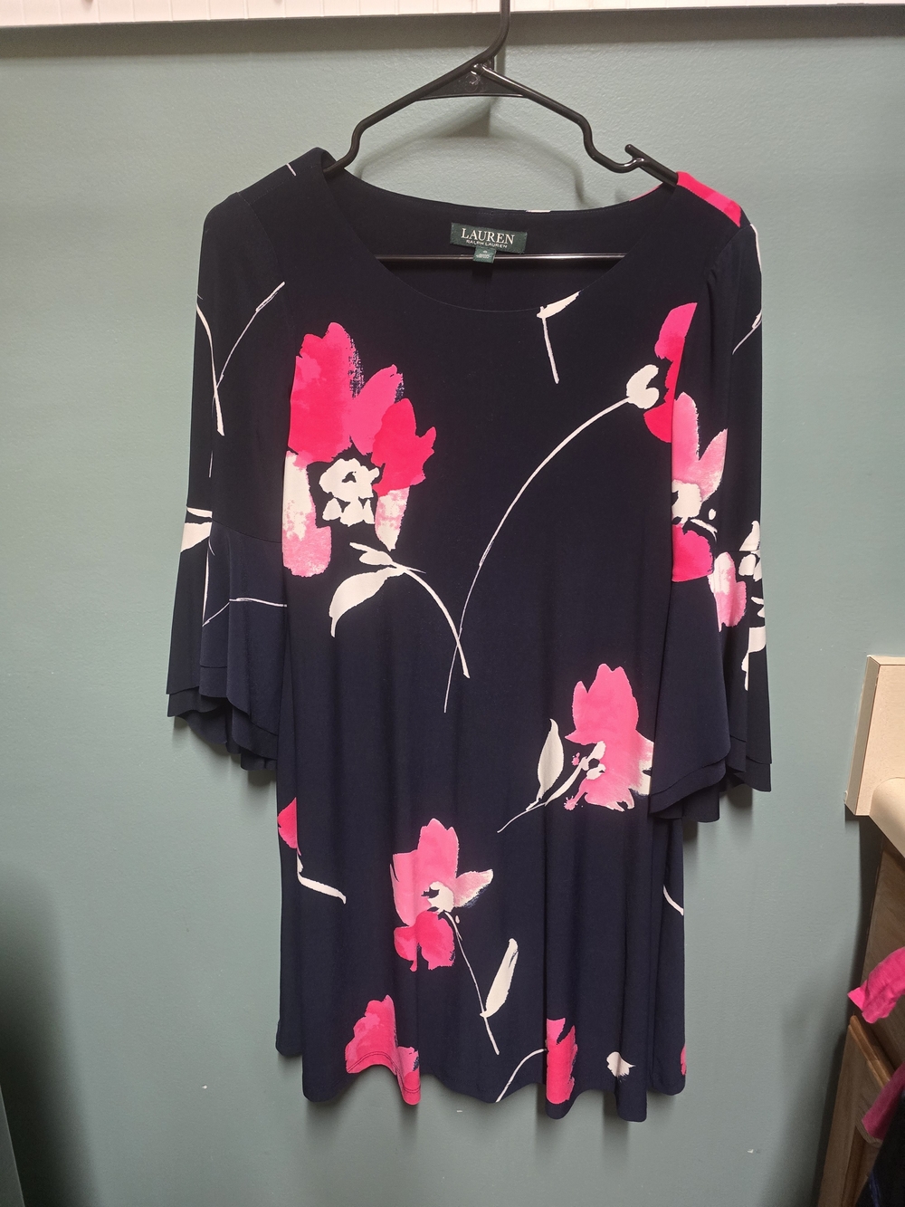 Lauren Ralph Lauren Navy Pink Floral Dress Drapey Bell Sleeves
